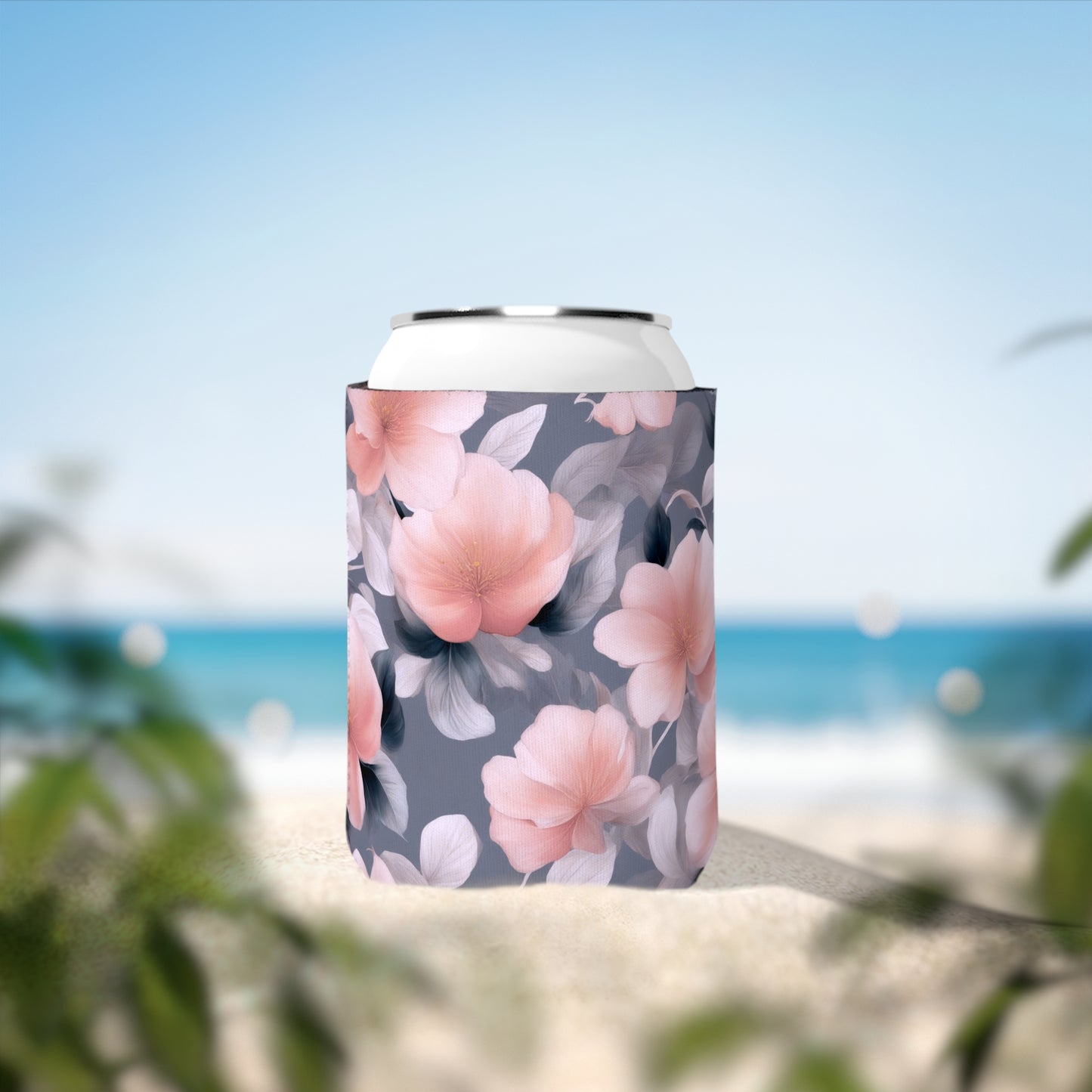 Peach and Blue Gray Floral Bunch 12 oz Can Cooler Sleeve