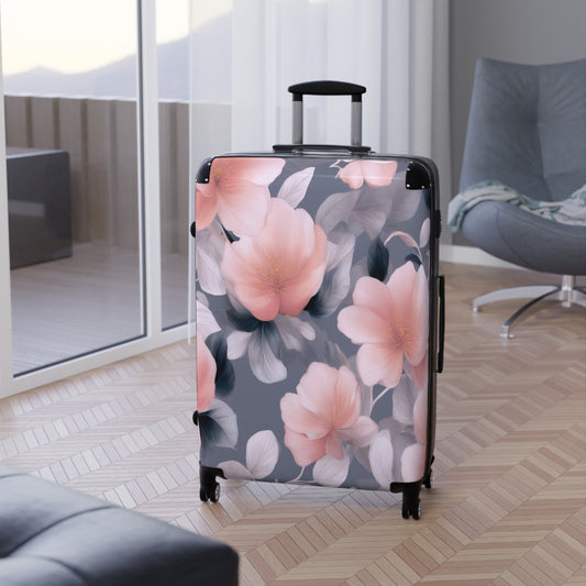 Peach and Blue Gray Floral Bunch Large Suitcase with built in lock, 4 double-wheels, telescopic handle, and ABS back hard-shell