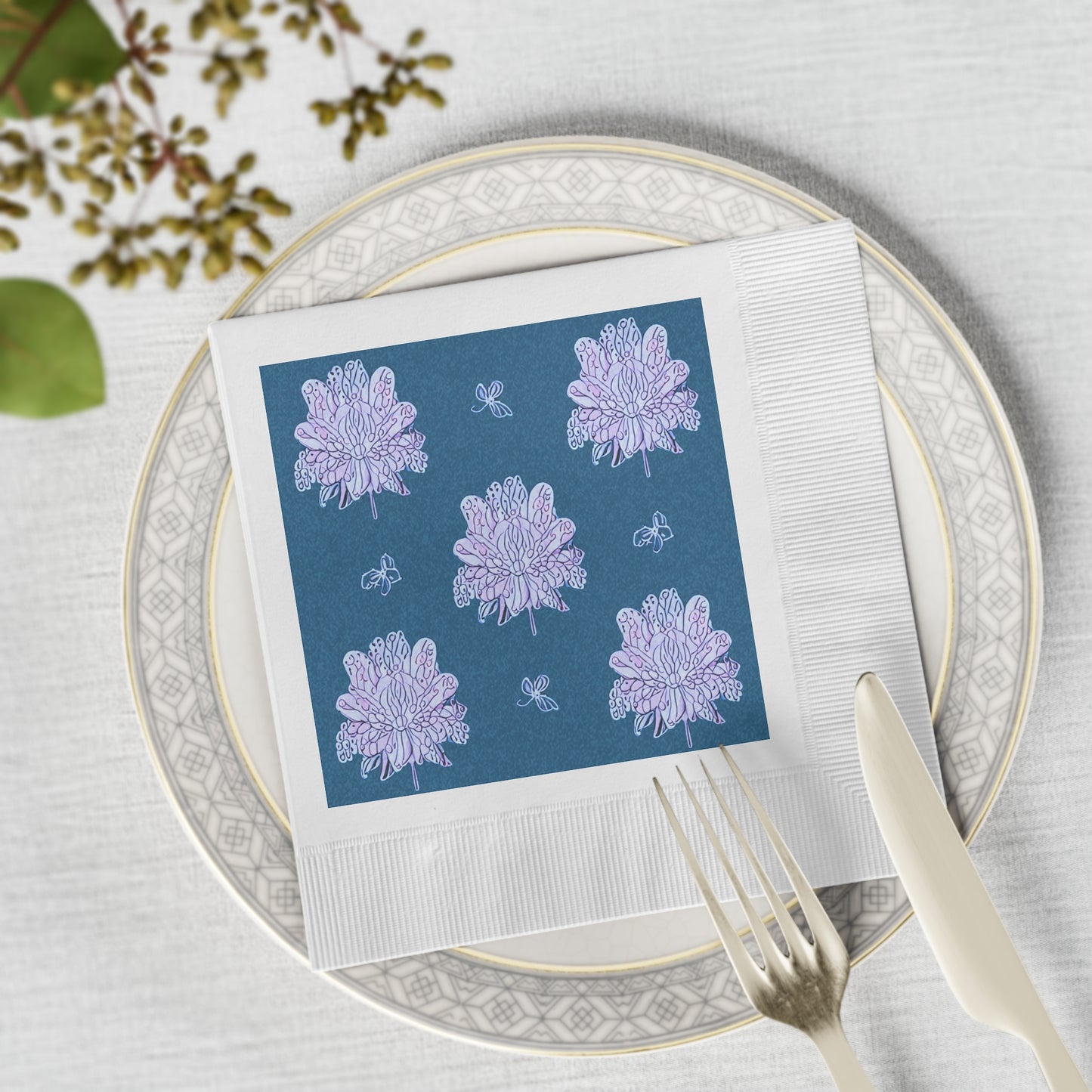 Lavender Floral Butterflies White Coined Napkins, 6.5" x 6.5"