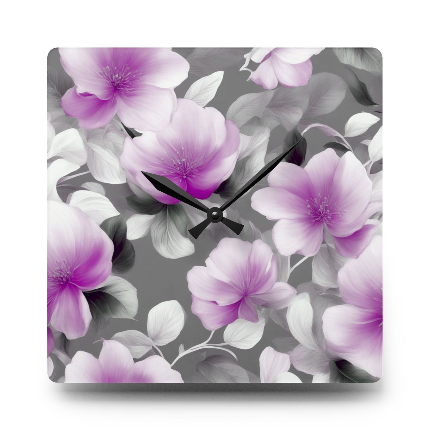 Purple Blossom Floral Bunch Acrylic Wall Clock, Round or Square, 10.75" x 10.75"