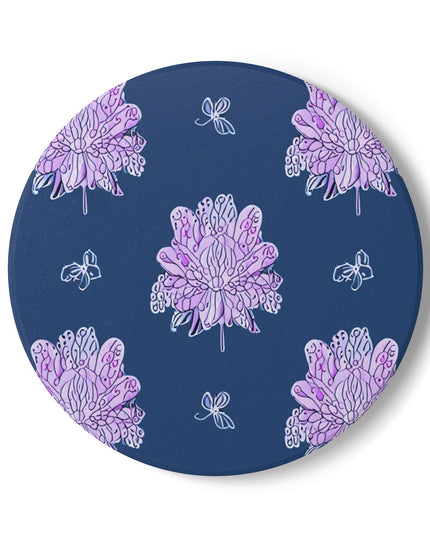 Purple White Floral Butterflies 4" x 4" Round Ceramic Coaster