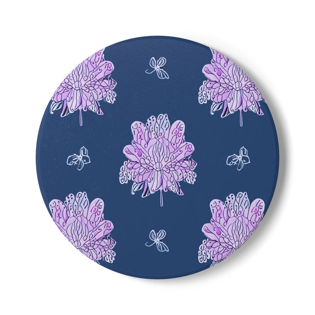 Purple White Floral Butterflies 4" x 4" Round Ceramic Coaster