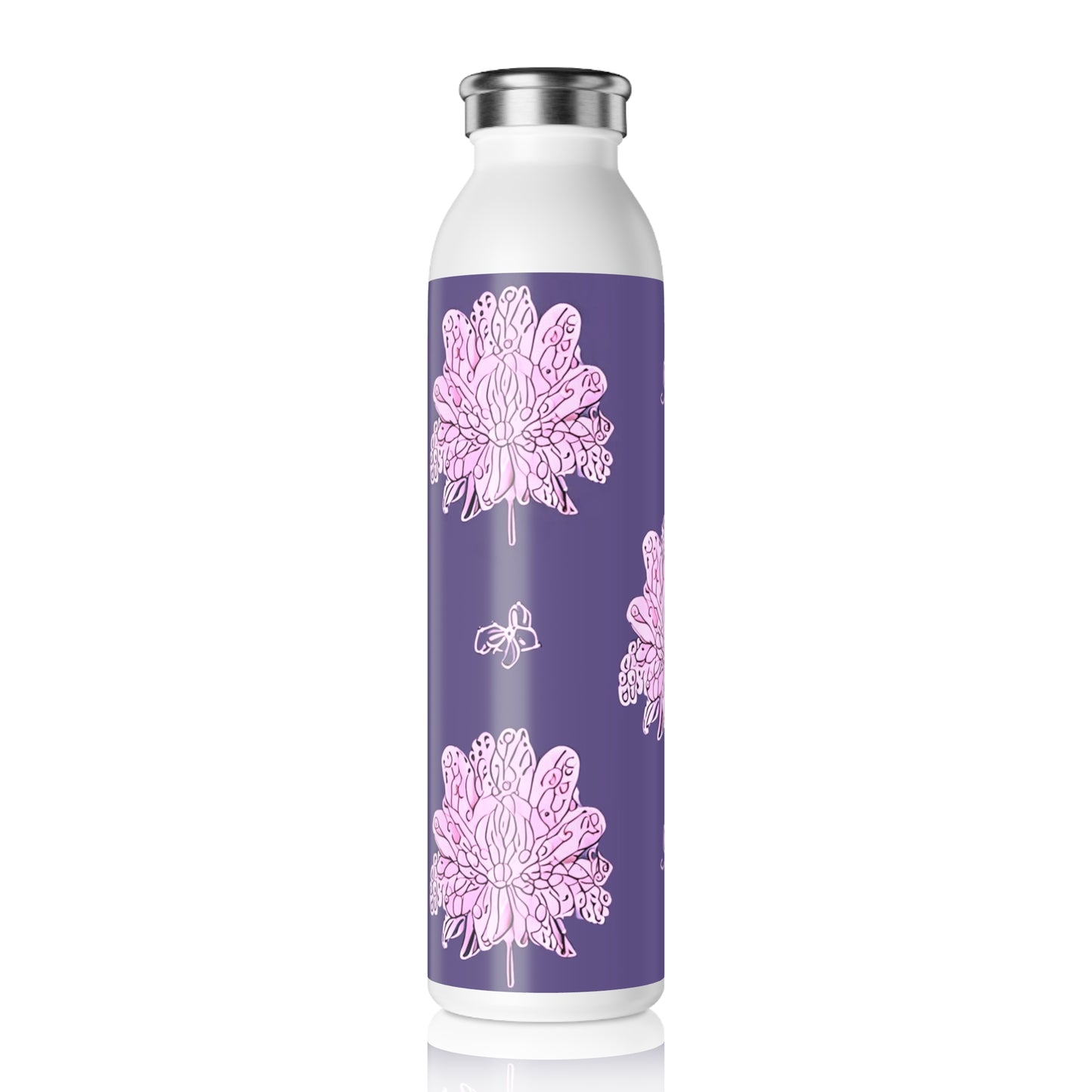 Magenta Floral Butterflies Slim Water Bottle, 20 oz White