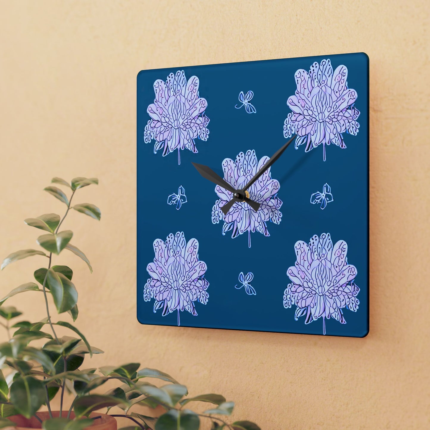 Lavender Floral Butterflies Acrylic Wall Clock, Round or Square, 10.75" x 10.75"