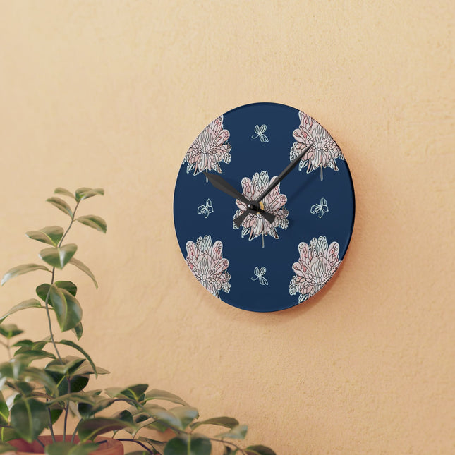 Rose White Floral Butterflies Acrylic Round Wall Clock, 8" x 8"