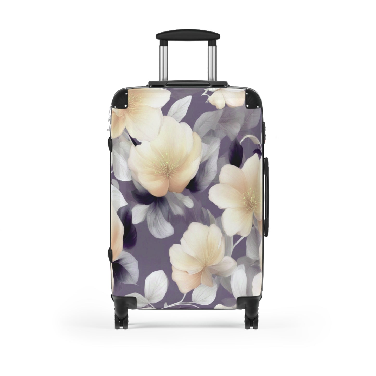 White Blush Floral Bunch Medium Suitcase with built in lock, 4 double-wheels, telescopic handle, and ABS back hard-shell