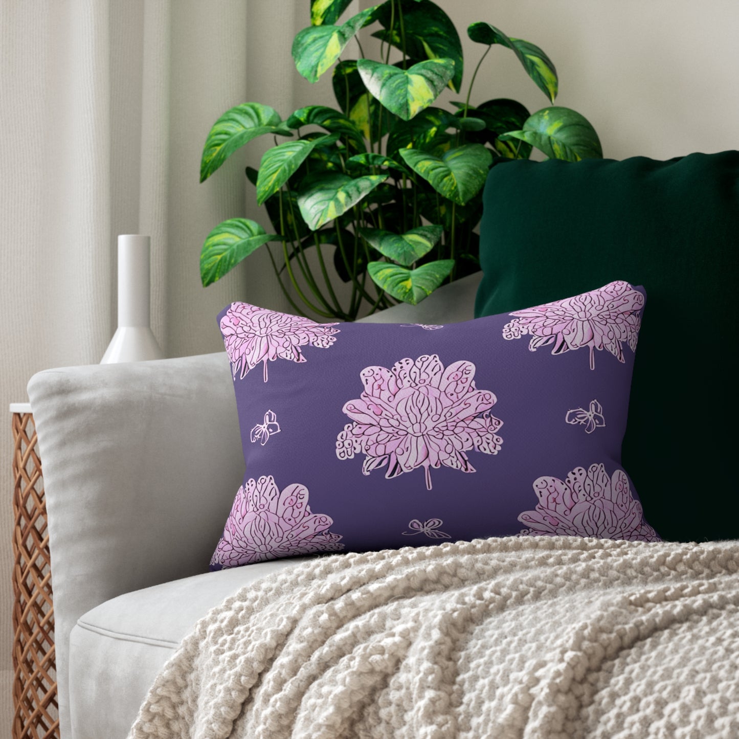 Magenta Floral Butterflies Spun Polyester Lumbar Pillow, 20" x 14"