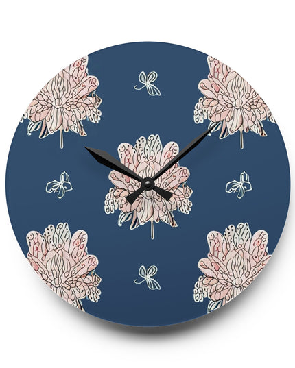 Rose White Floral Butterflies Acrylic Wall Clock, Round or Square, 10.75" x 10.75"