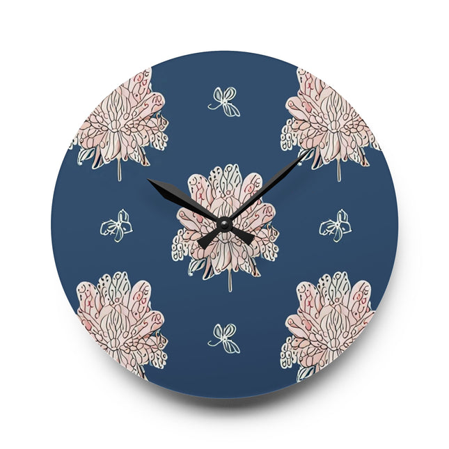 Rose White Floral Butterflies Acrylic Wall Clock, Round or Square, 10.75" x 10.75"