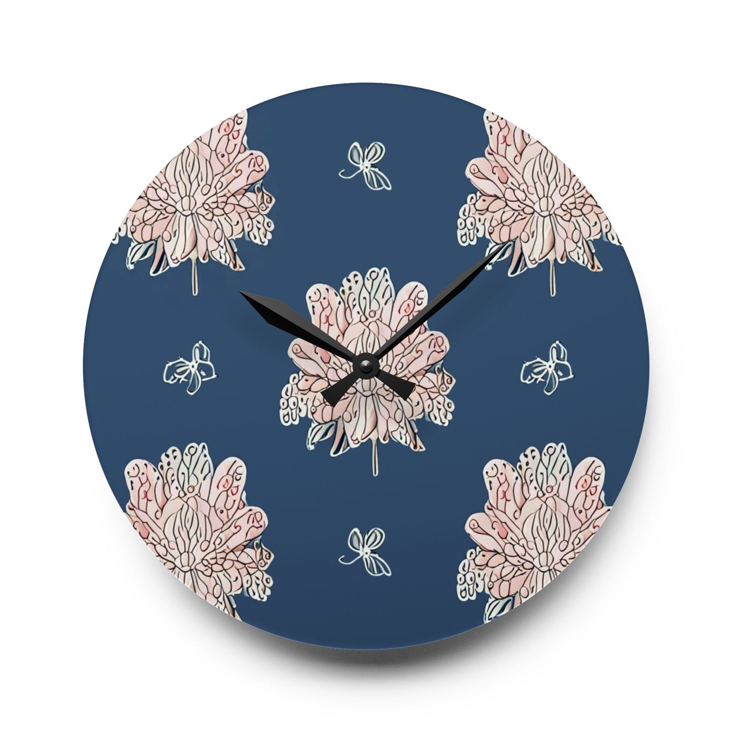 Rose White Floral Butterflies Acrylic Wall Clock, Round or Square, 10.75" x 10.75"