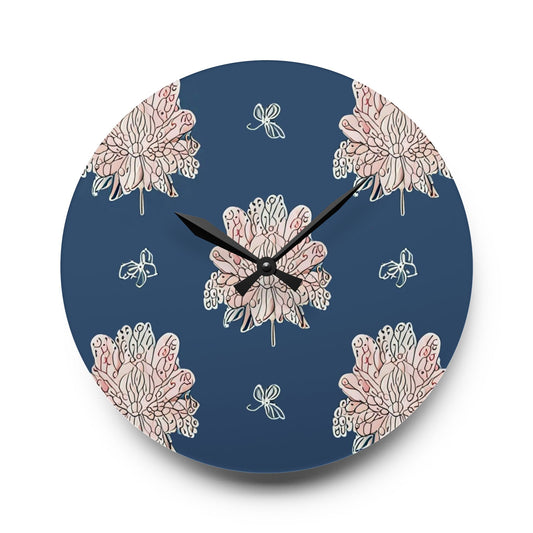 Rose White Floral Butterflies Acrylic Wall Clock, Round or Square, 10.75" x 10.75"