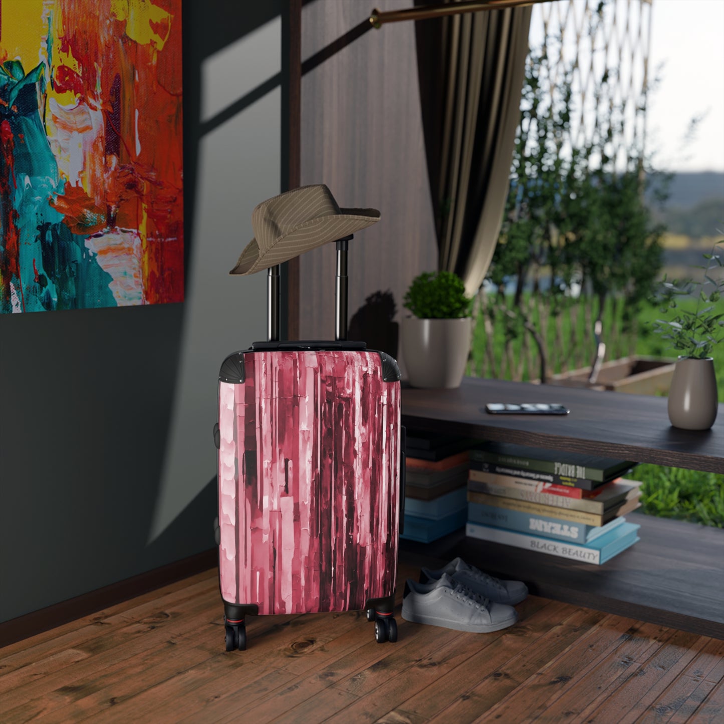 Striped Ruby Small Suitcase with built in lock, 4 double-wheels, telescopic handle, and ABS back hard-shell