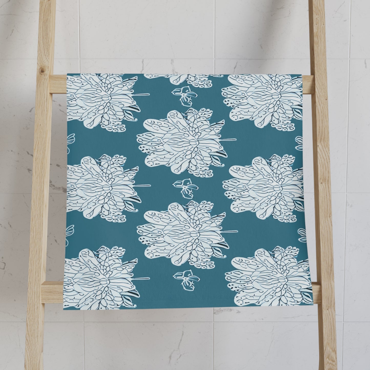 Tif Green White Floral Butterflies Hand Towel, 16" x 28"
