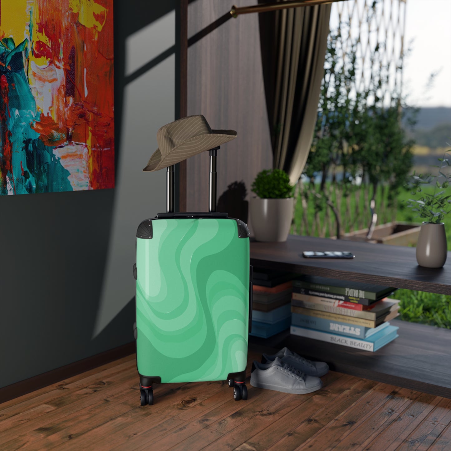 Mint Green Wavey Small Suitcase with built in lock, 4 double-wheels, telescopic handle, and ABS back hard-shell