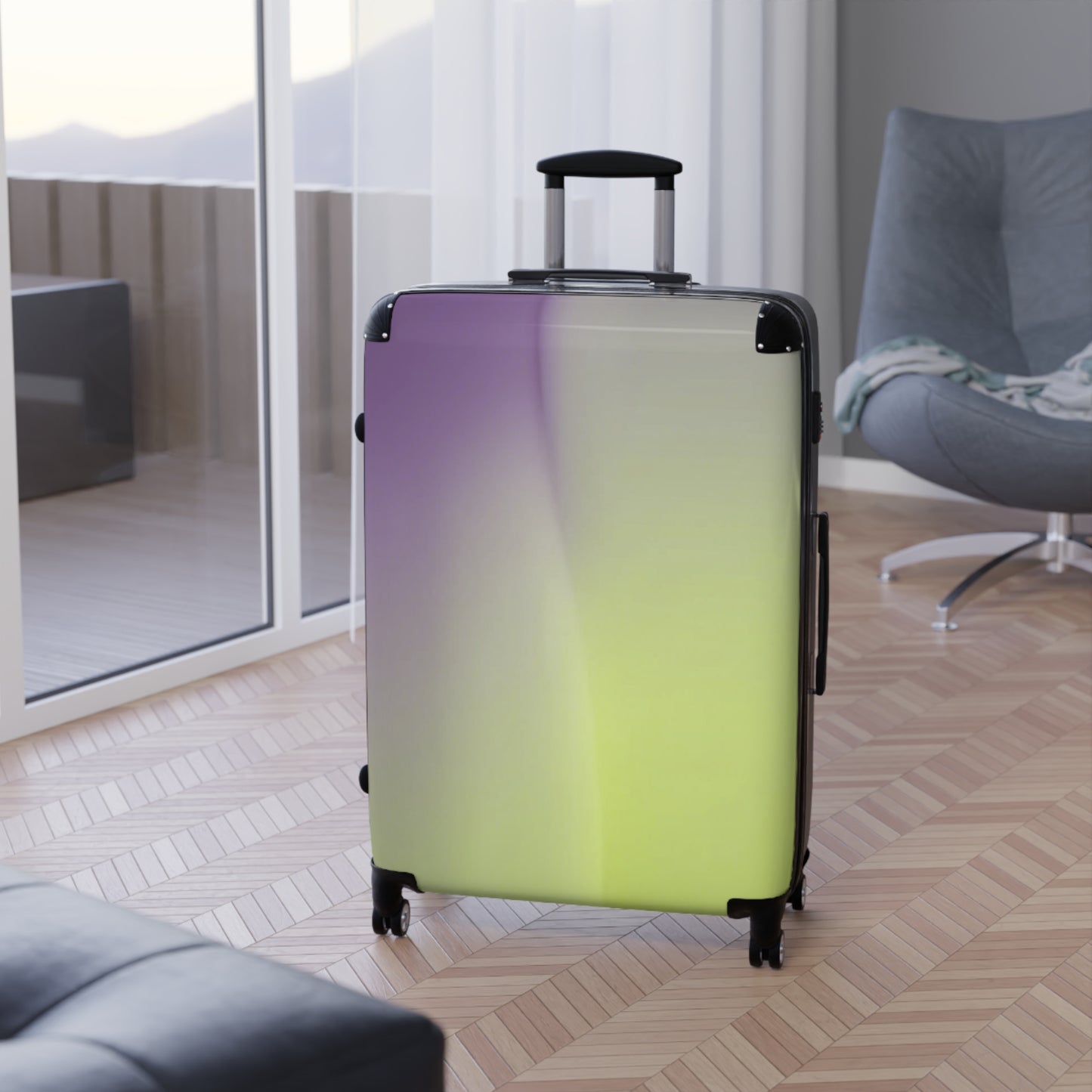 Purple Golden Fade Large Suitcase with built in lock, 4 double-wheels, telescopic handle, and ABS back hard-shell