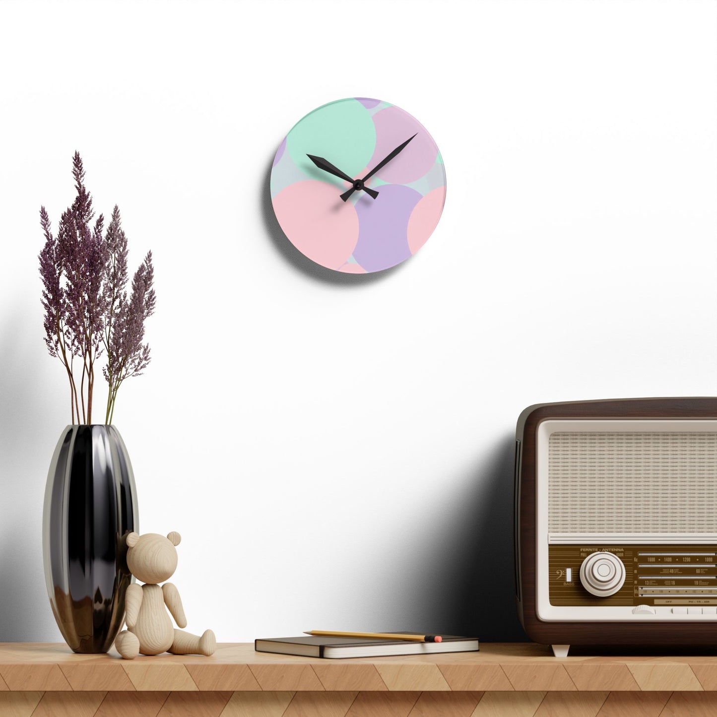 Pastel Peach and Soft Green Patches Acrylic Round Wall Clock, 8" x 8"