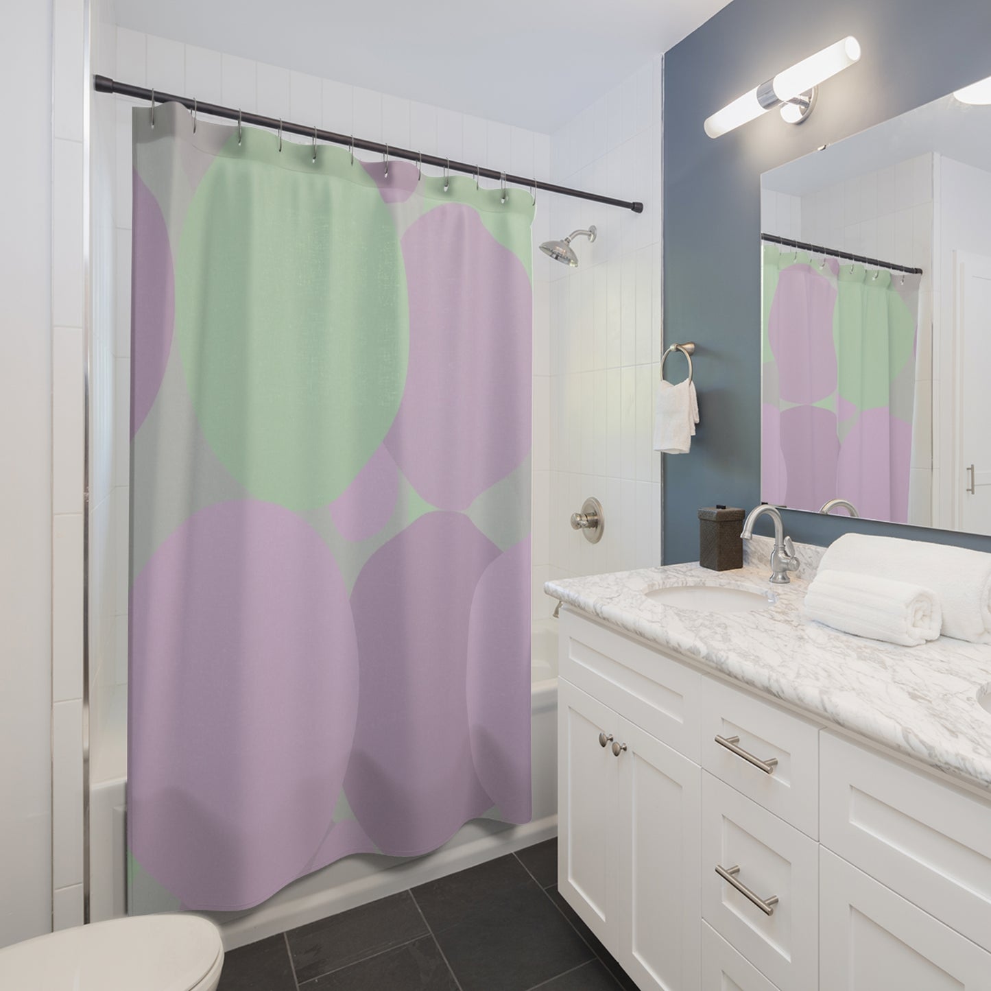 Pastel Lavender Purple and Soft Green Patches Shower Curtains, 71" x 74"