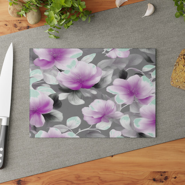 Purple Blossom Floral Bunch Glass Cutting Board, 8" x 11"