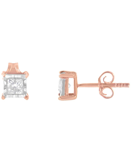 14K Rose Gold Plated Two-Tone .925 Sterling Silver 1/2 Cttw Princess-Cut Square Near Colorless Diamond Solitaire Miracle-Plate Stud Earrings (J-K Color, I2-I3 Clarity)