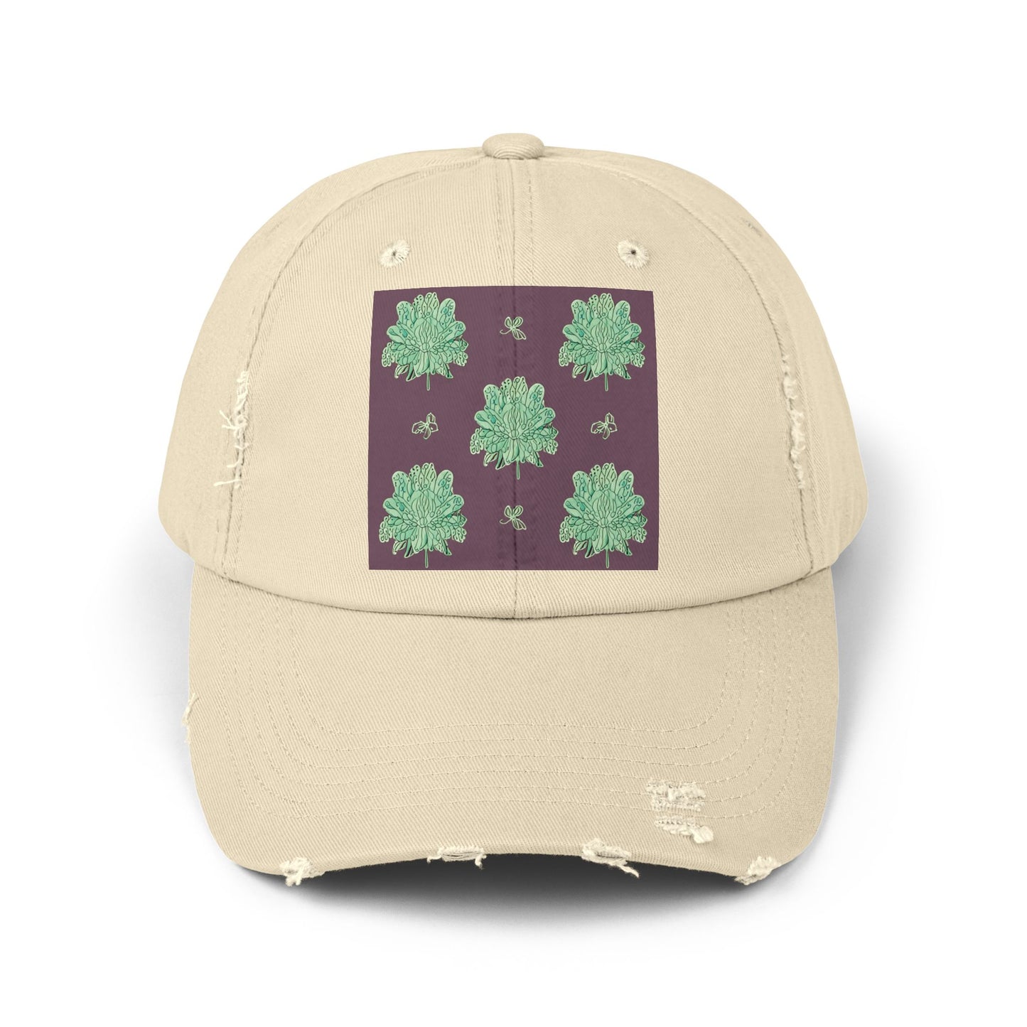 Mint Green Floral Butterflies Unisex Distressed Cap