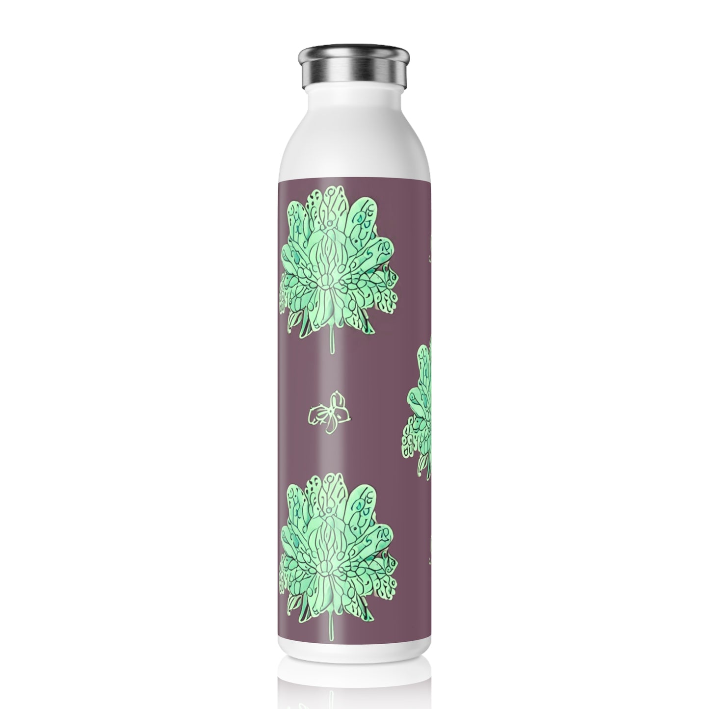 Mint Green Floral Butterflies Slim Water Bottle, 20 oz White