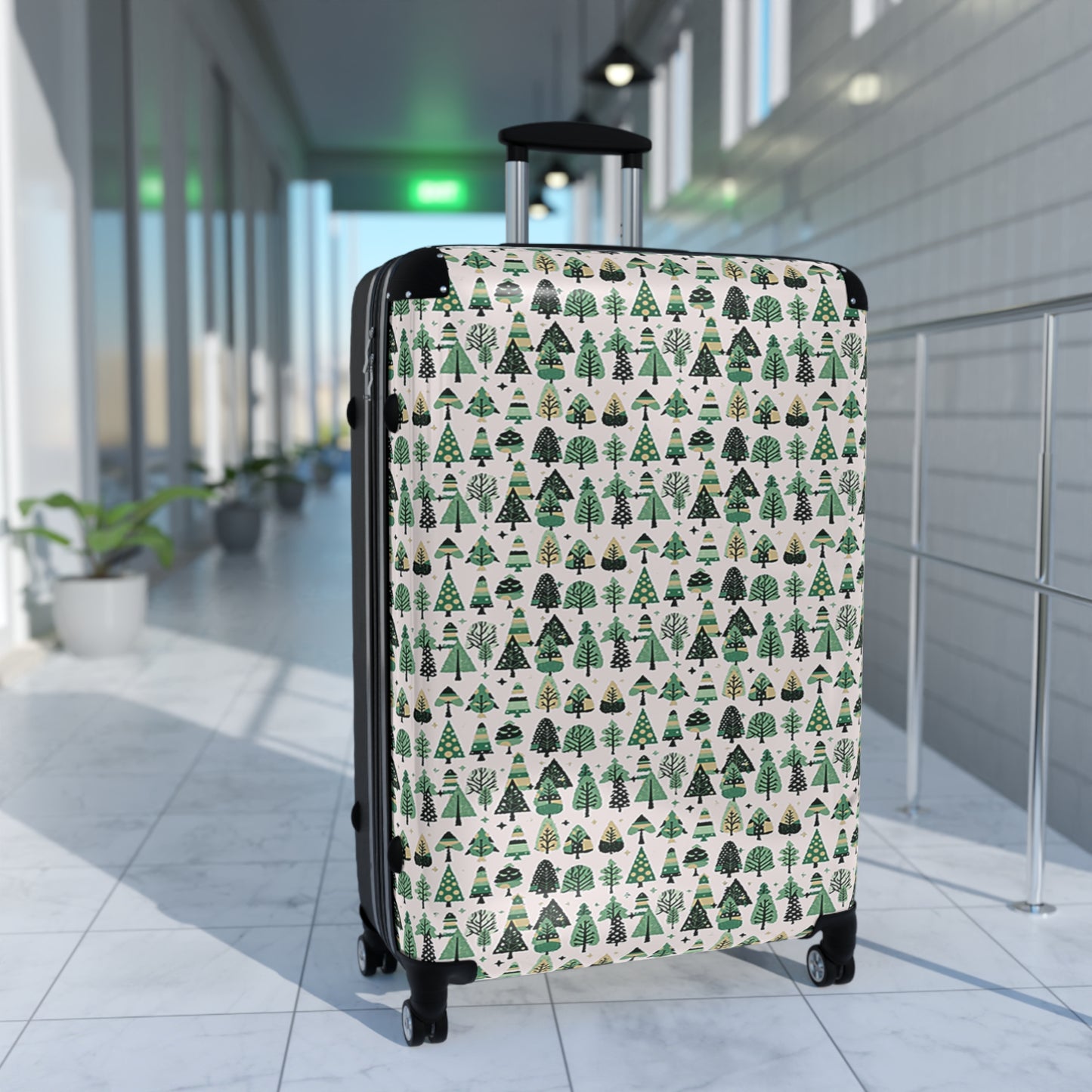 Mini Vintage Green Trees Large Suitcase with built in lock, 4 double-wheels, telescopic handle, and ABS back hard-shell