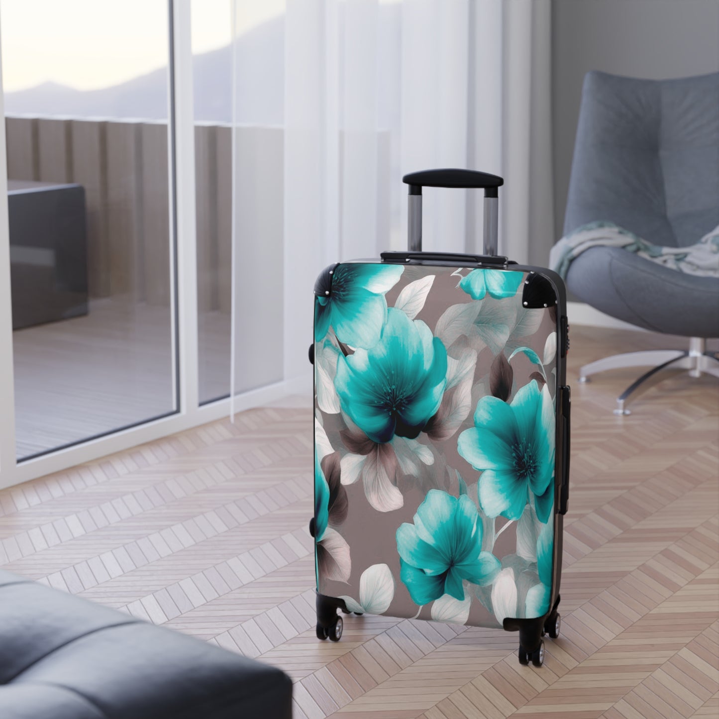Tif Green Gray Floral Bunch Medium Suitcase with built in lock, 4 double-wheels, telescopic handle, and ABS back hard-shell