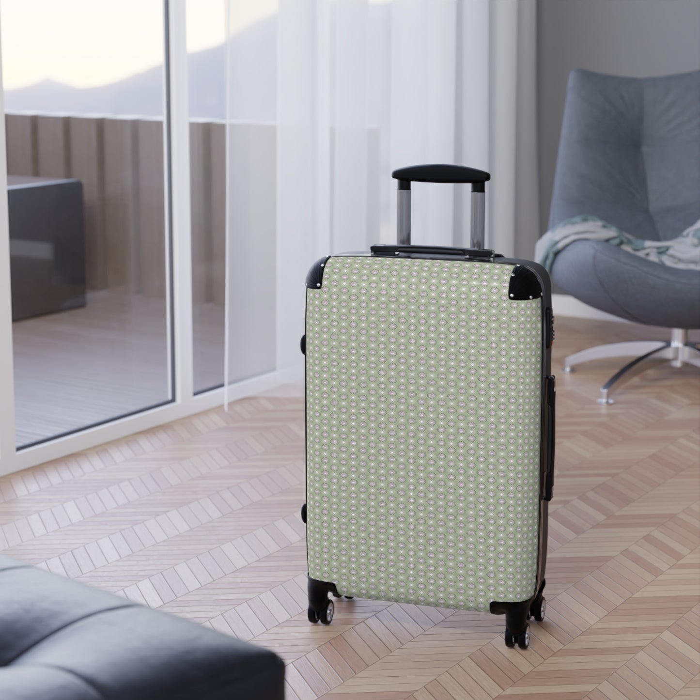 Olive Star-crossed Bodies Medium Suitcase with built in lock, 4 double-wheels, telescopic handle, and ABS back hard-shell
