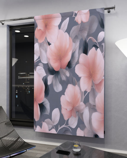 Peach and Blue Gray Floral Bunch Window Curtain, 50" x  84", blackout