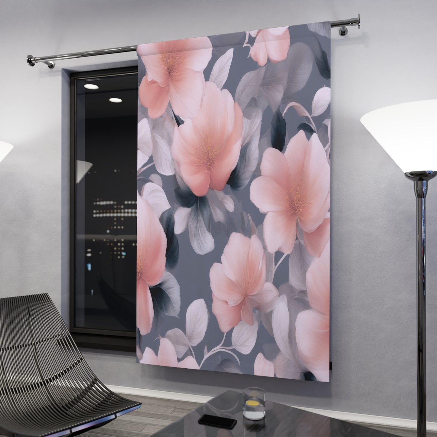 Peach and Blue Gray Floral Bunch Window Curtain, 50" x  84", blackout