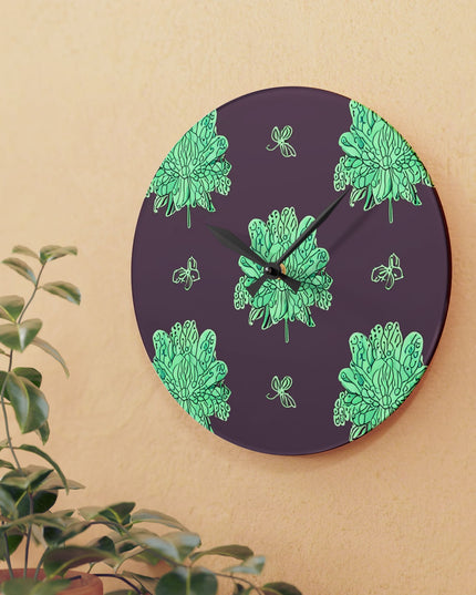 Mint Green Floral Butterflies Acrylic Wall Clock, Round or Square, 10.75" x 10.75"