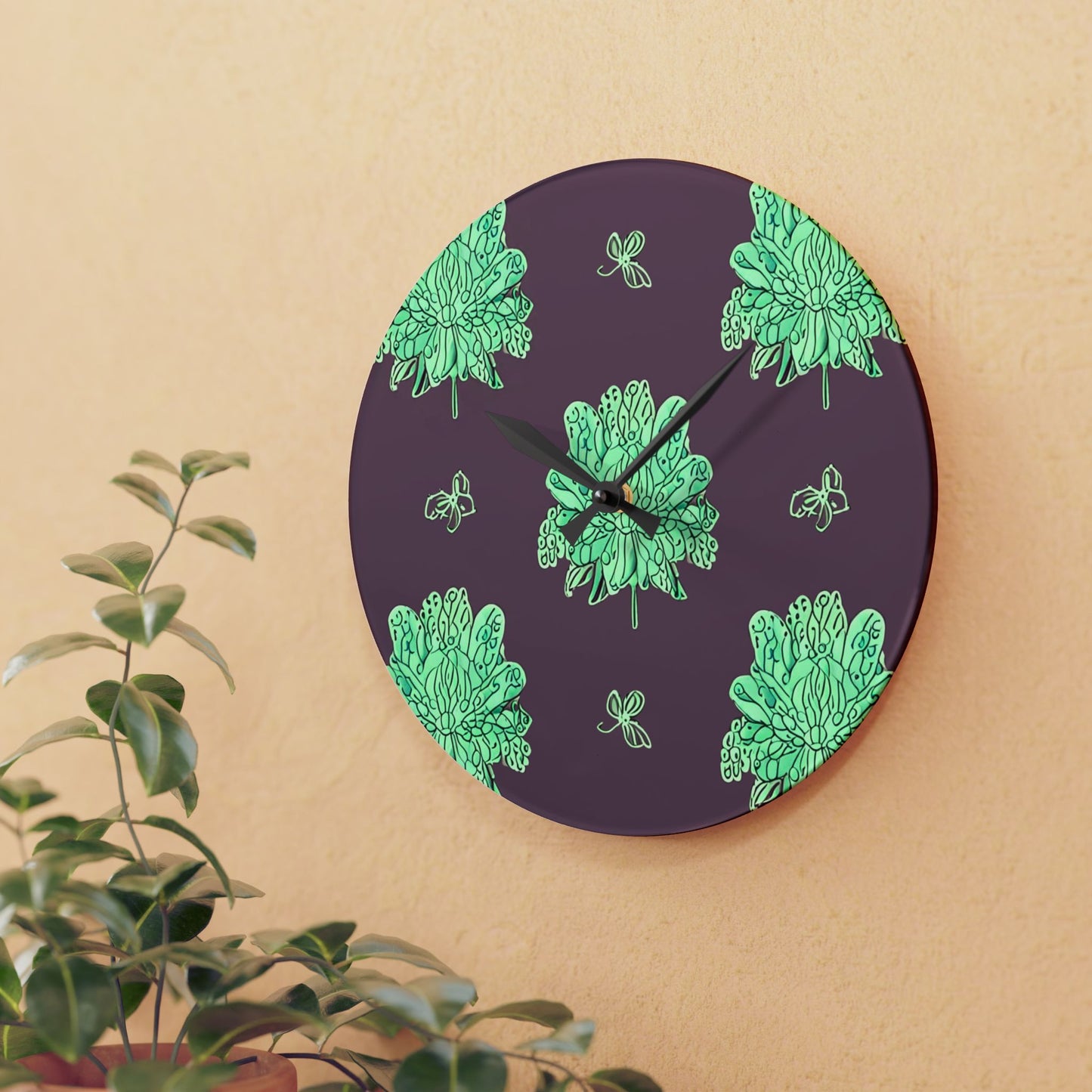 Mint Green Floral Butterflies Acrylic Wall Clock, Round or Square, 10.75" x 10.75"