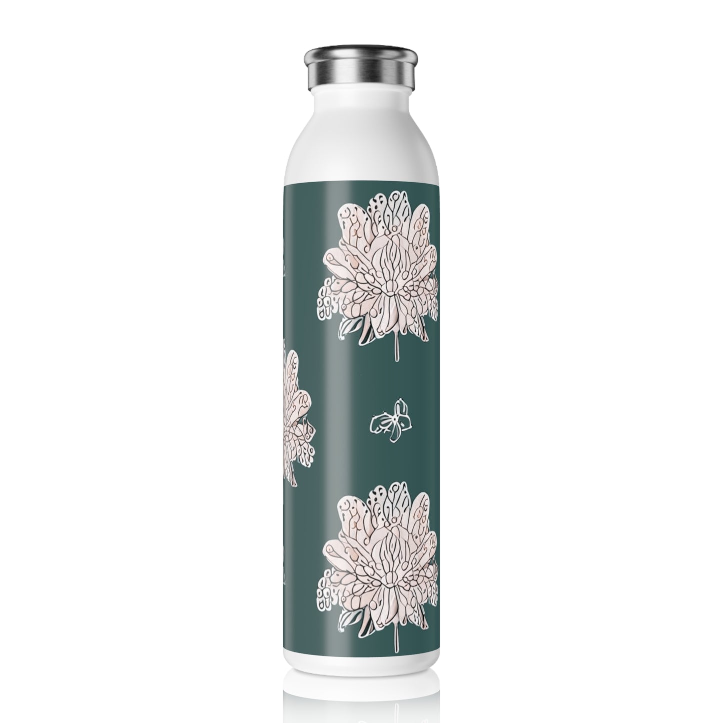 Soft White Floral Butterflies Slim Water Bottle, 20 oz White
