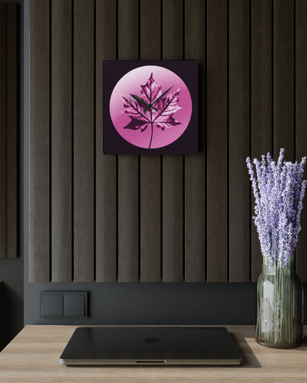 Magenta Maple Leaf Acrylic Wall Clock, Round or Square, 10.75" x 10.75"