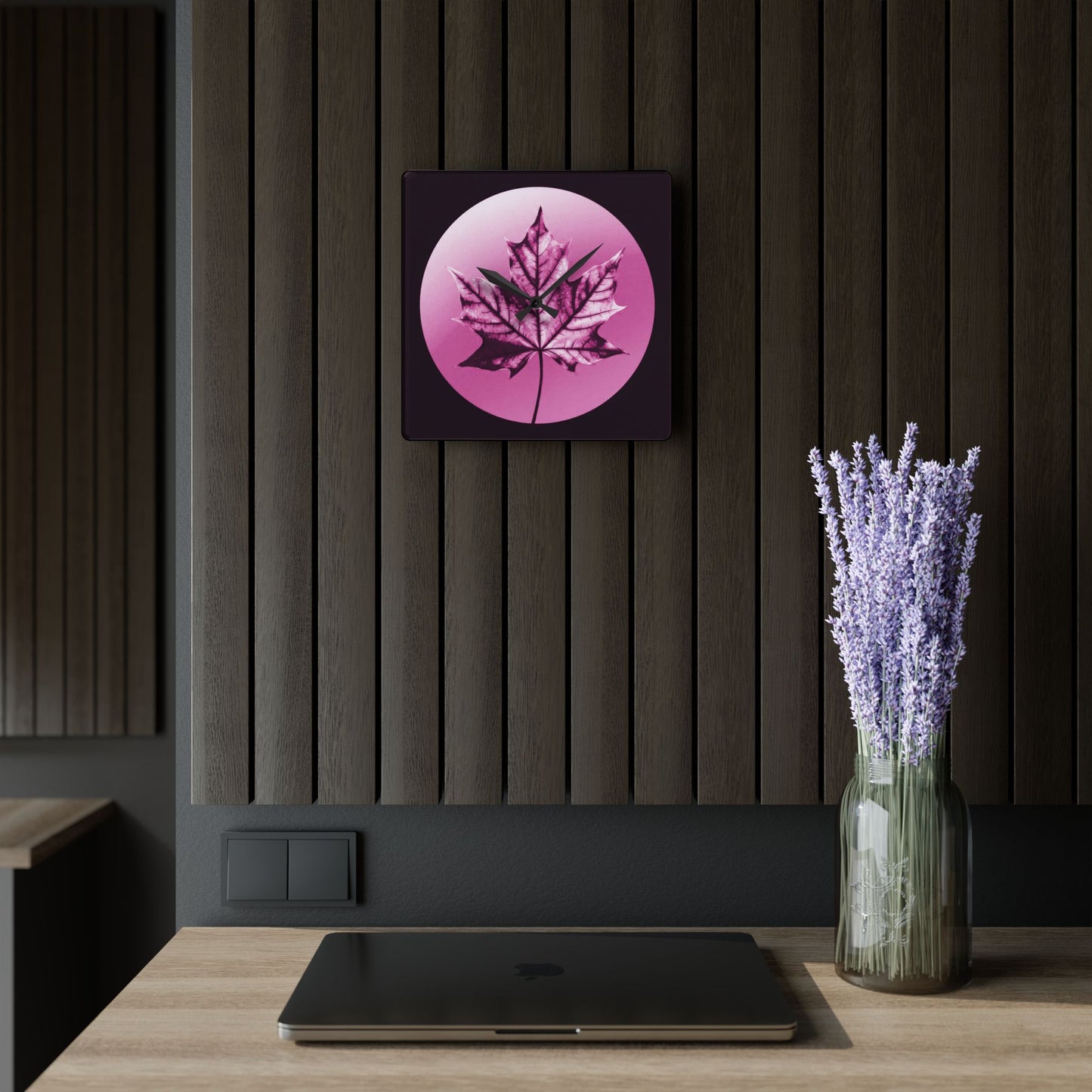 Magenta Maple Leaf Acrylic Wall Clock, Round or Square, 10.75" x 10.75"