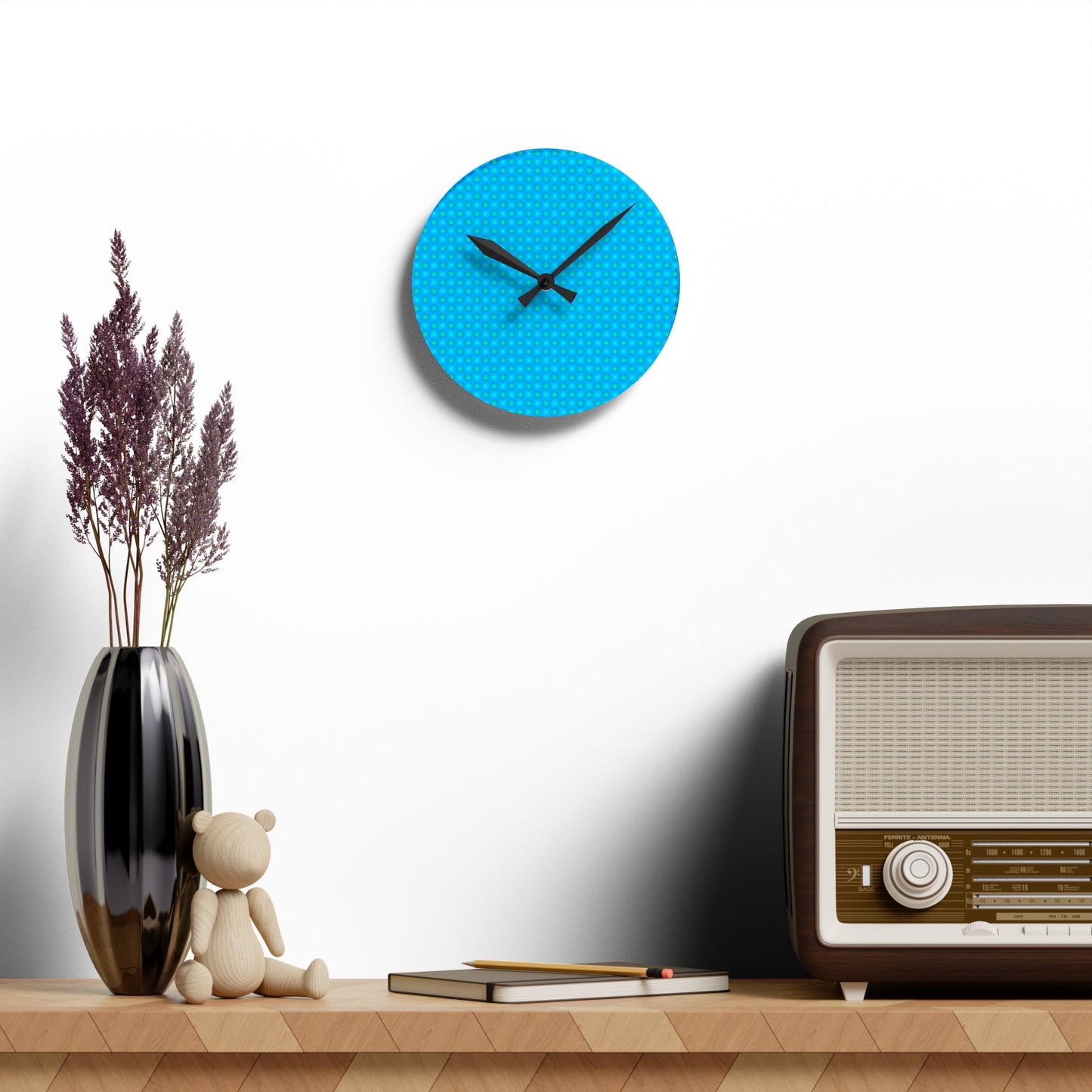 Blue Green Star-crossed Bodies Acrylic Round Wall Clock, 8" x 8"