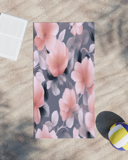 Peach and Blue Gray Floral Bunch Beach Towel, 24" x 44"