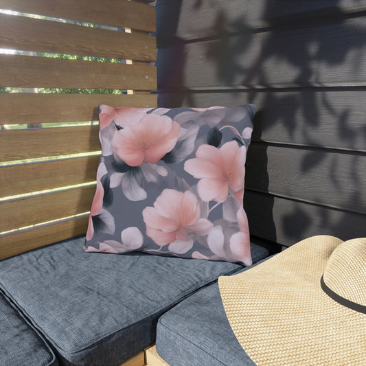 Peach and Blue Gray Floral Bunch Outdoor Pillow, 16" x 16"
