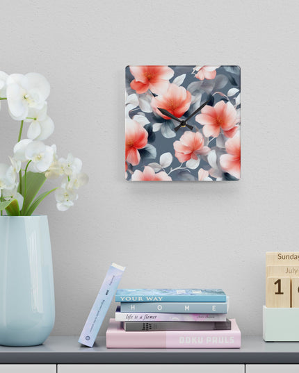 Red Blossom Floral Bunch Acrylic Wall Clock, Round or Square, 10.75" x 10.75"