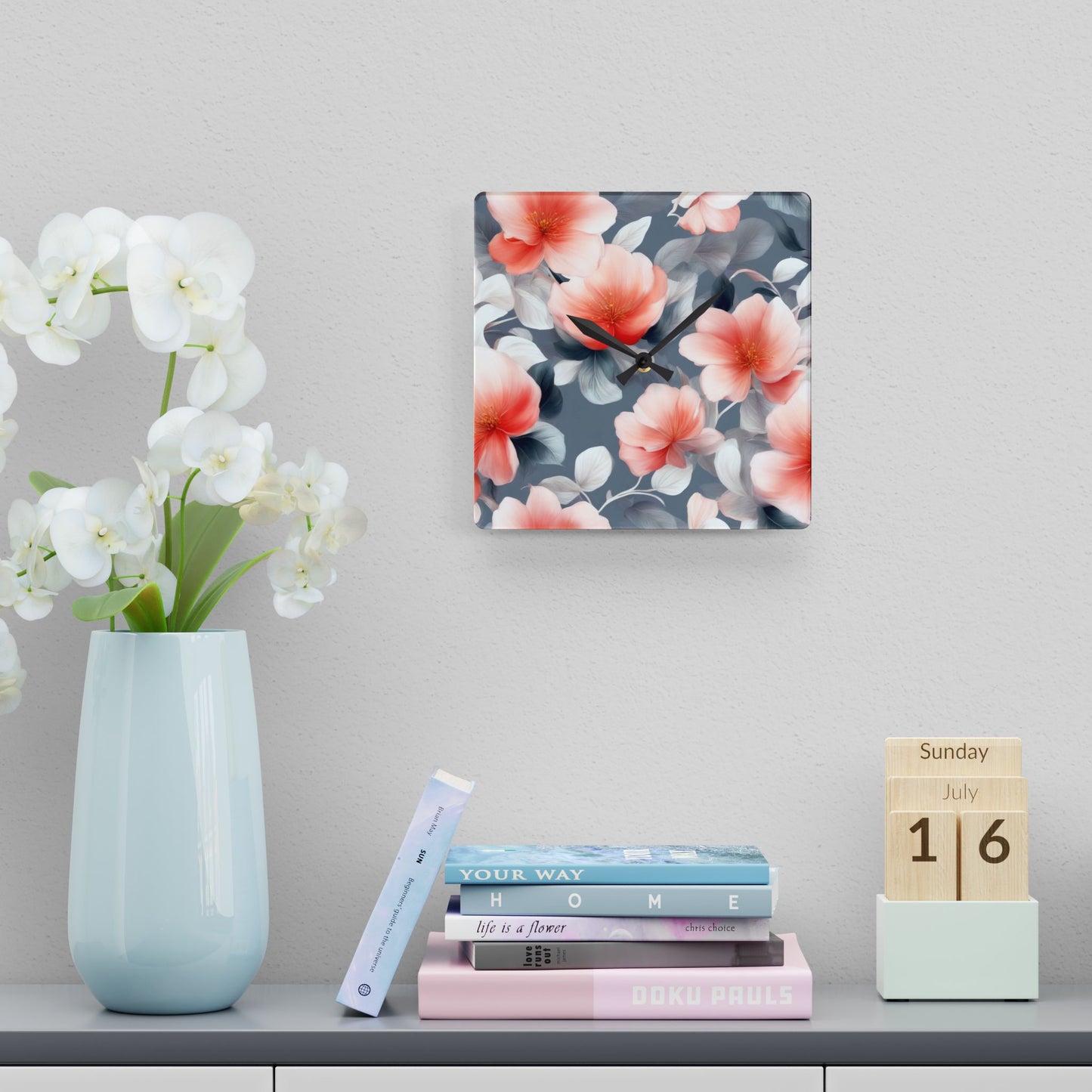Red Blossom Floral Bunch Acrylic Wall Clock, Round or Square, 10.75" x 10.75"