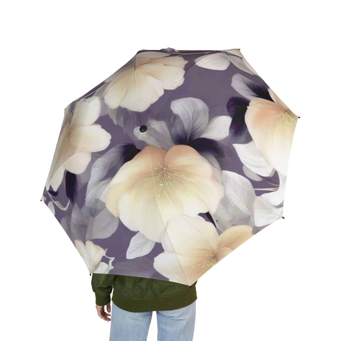 White Blush Floral Bunch Foldable Umbrella - Compact & Chic