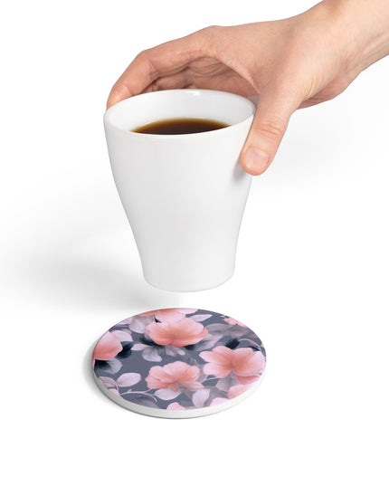 Peach and Blue Gray Floral Bunch Round Ceramic Coaster, 4" x 4"