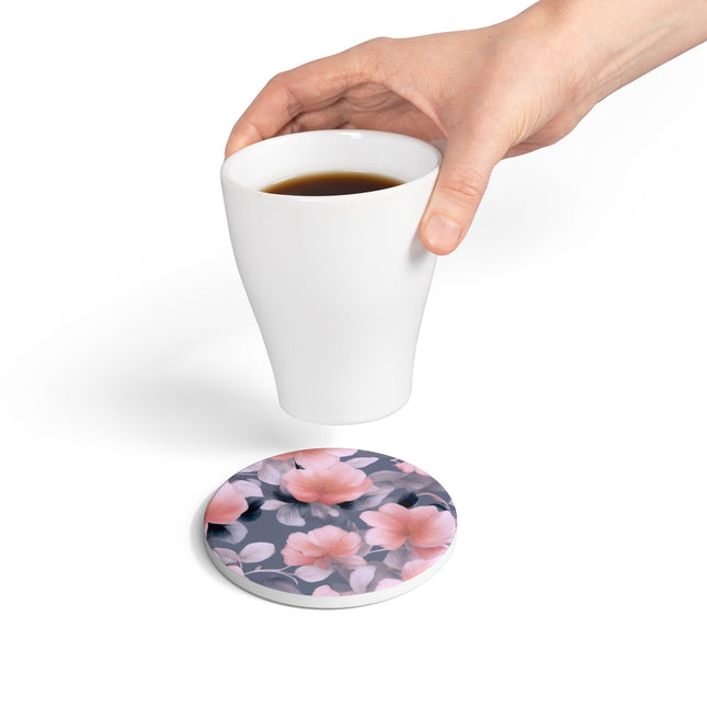 Peach and Blue Gray Floral Bunch Round Ceramic Coaster, 4" x 4"