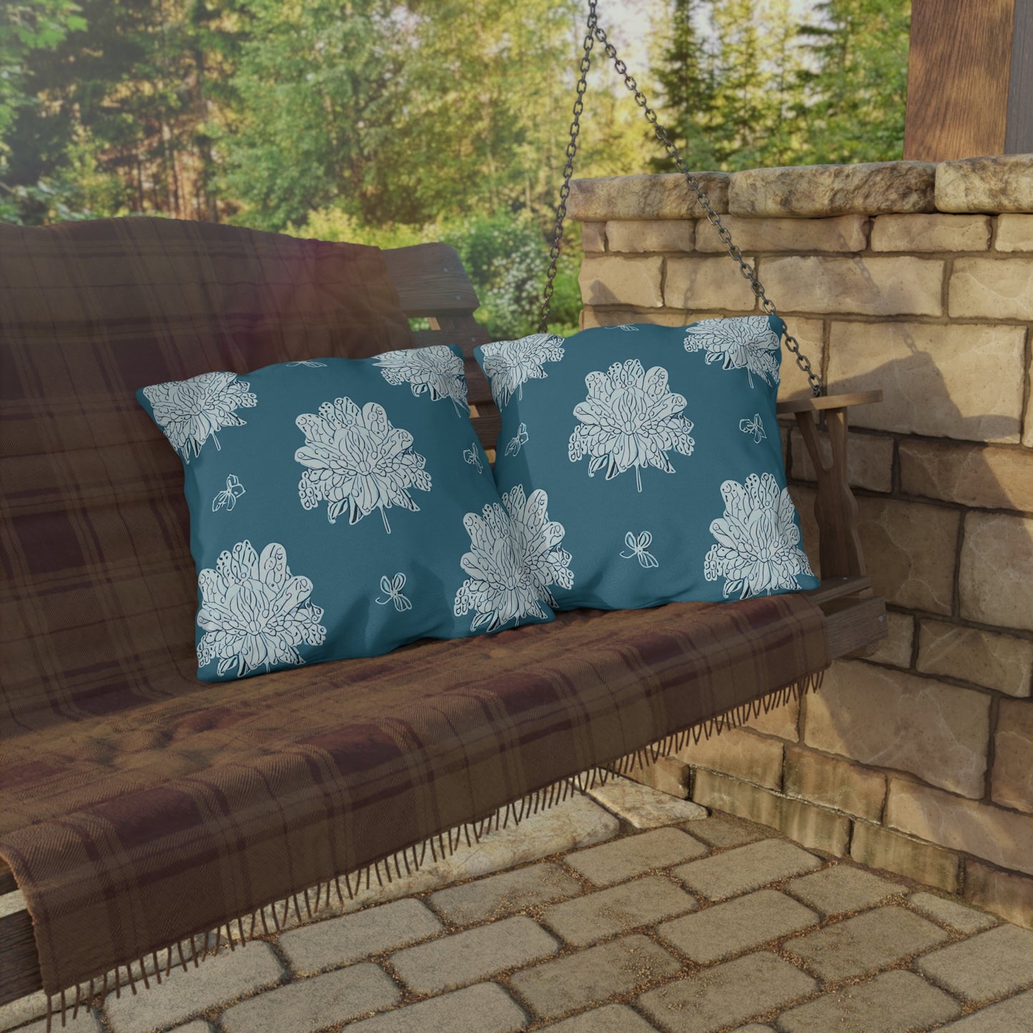 Tif Green White Floral Butterflies 20" x 20" Outdoor Pillows