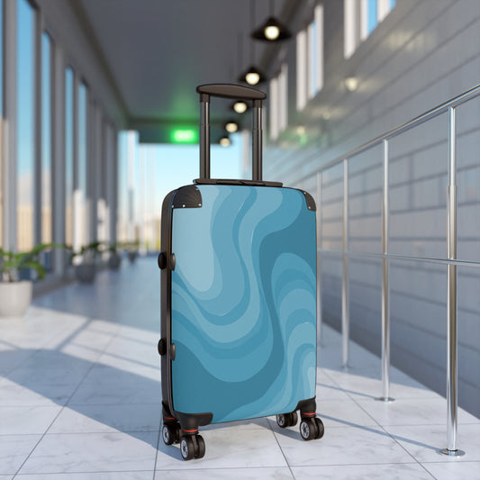 Sky Blue Wavey Small Suitcase with built in lock, 4 double-wheels, telescopic handle, and ABS back hard-shell