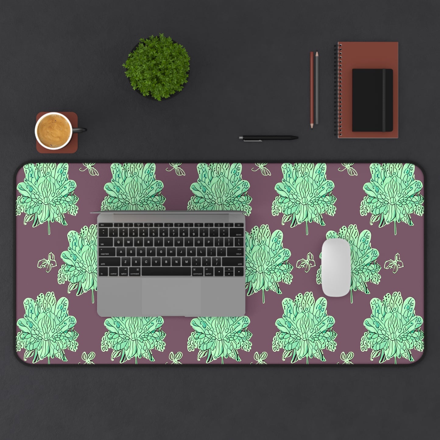Mint Green Floral Butterflies 16" x 32" Desk Mat