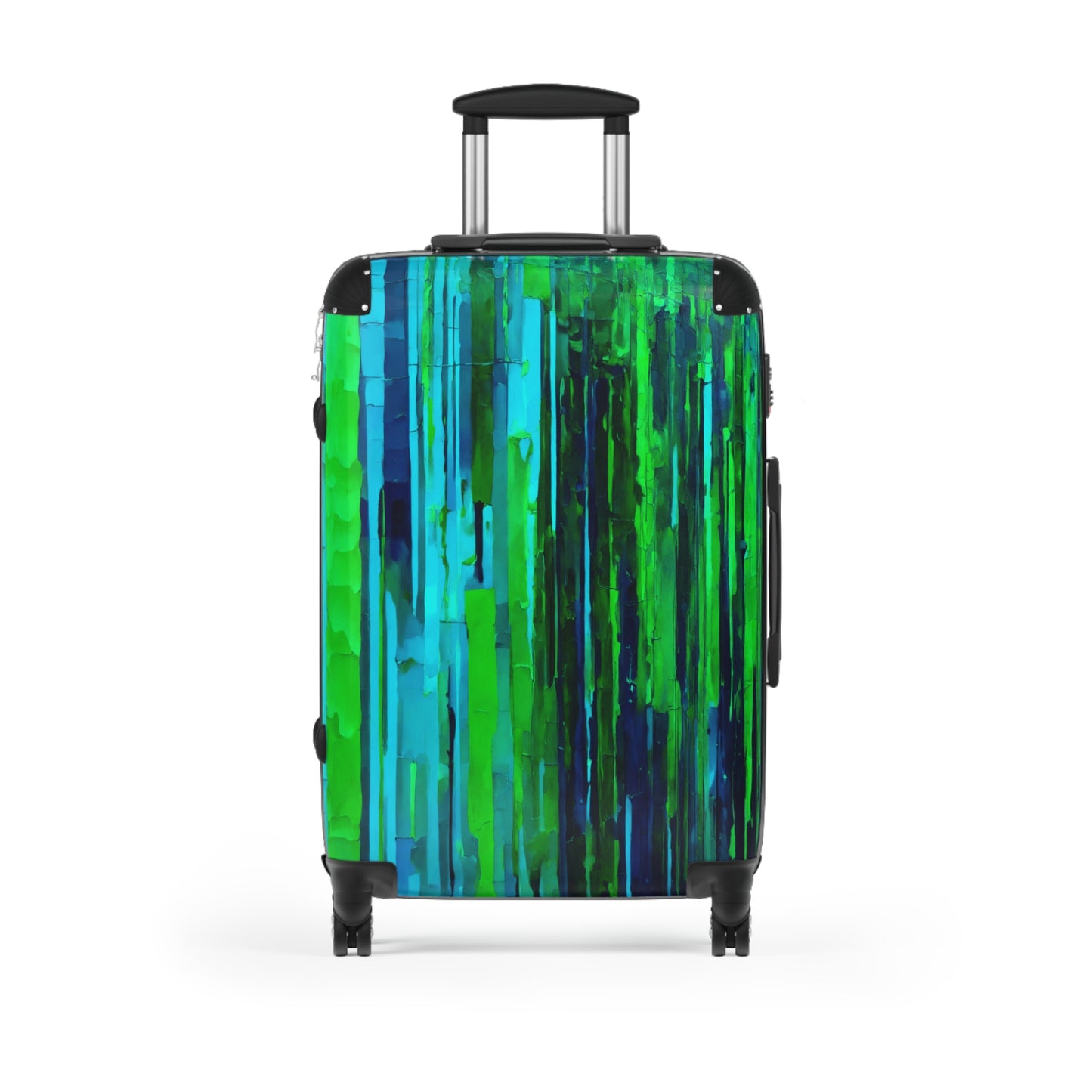 Striped Blue Green Medium Suitcase with built in lock, 4 double-wheels, telescopic handle, and ABS back hard-shell