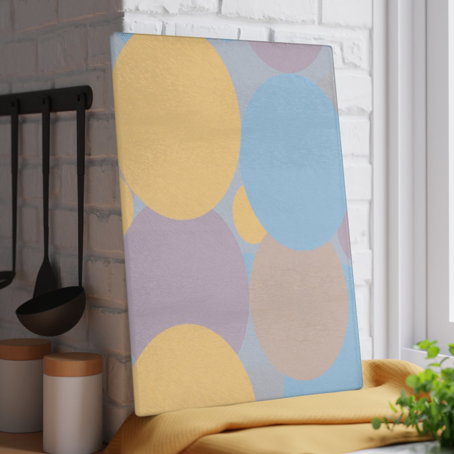 Pastel Baby Blue and Peach Patches 11" x 15" Glass Cutting Board