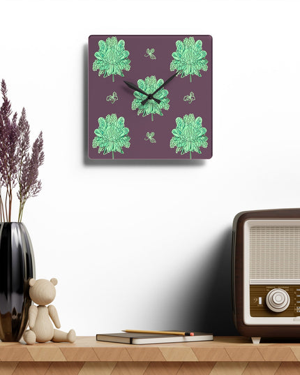 Mint Green Floral Butterflies Acrylic Wall Clock, Round or Square, 10.75" x 10.75"