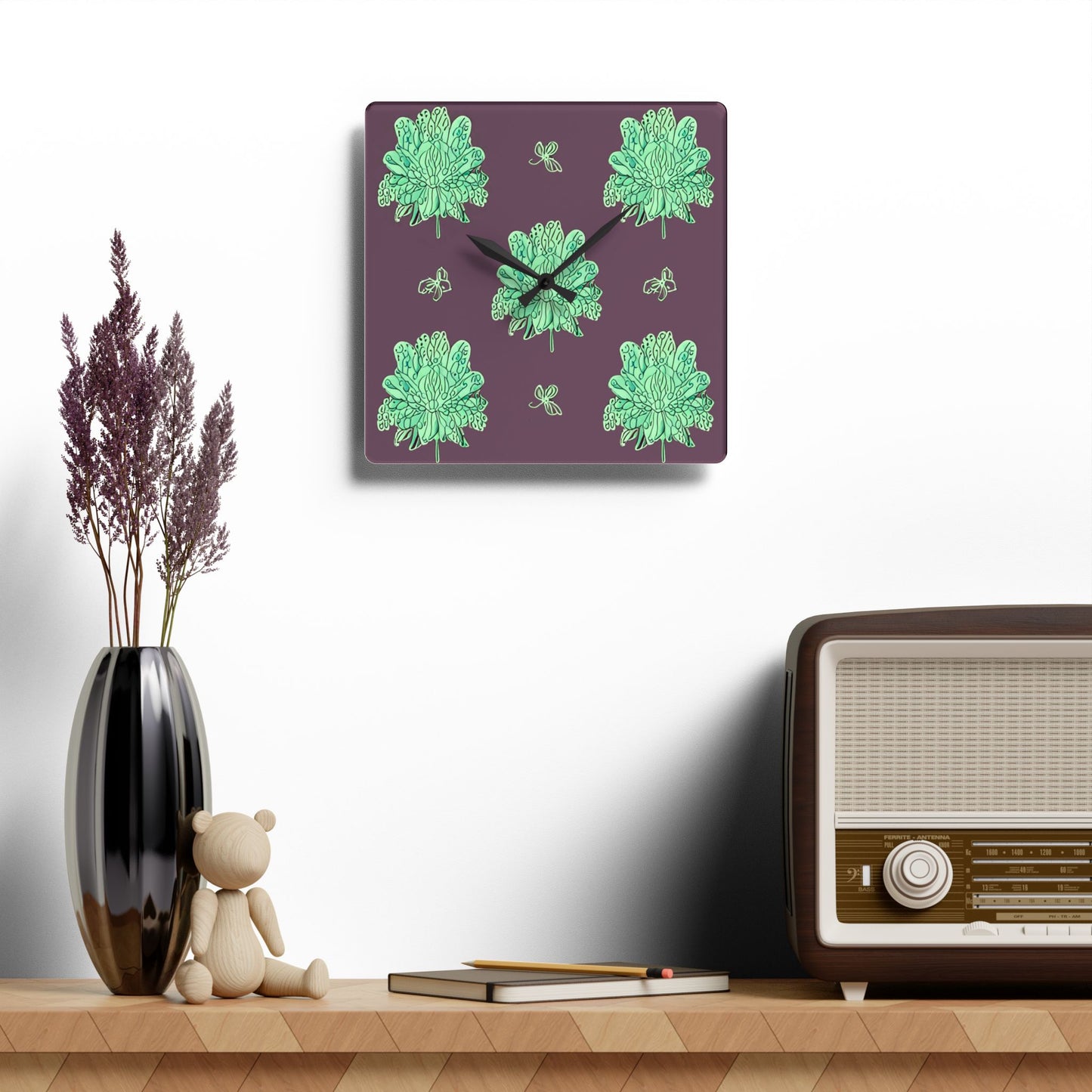 Mint Green Floral Butterflies Acrylic Wall Clock, Round or Square, 10.75" x 10.75"